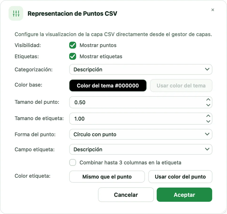 Diálogo Representacion de Puntos CSV con forma, tamaños, categorización y etiqueta