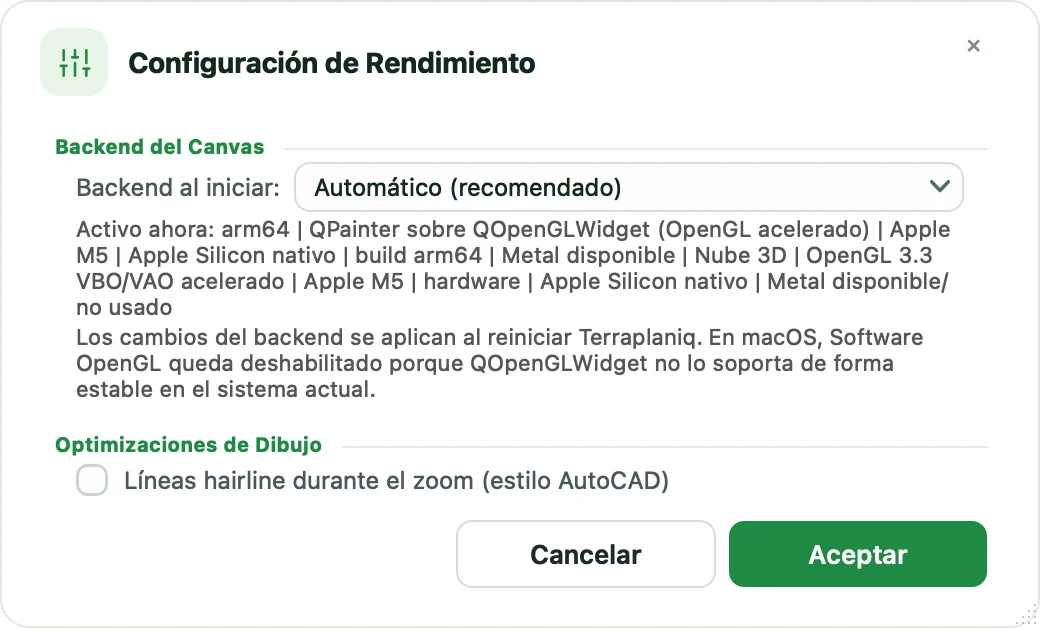 Diálogo Configuración de Rendimiento con el backend del canvas