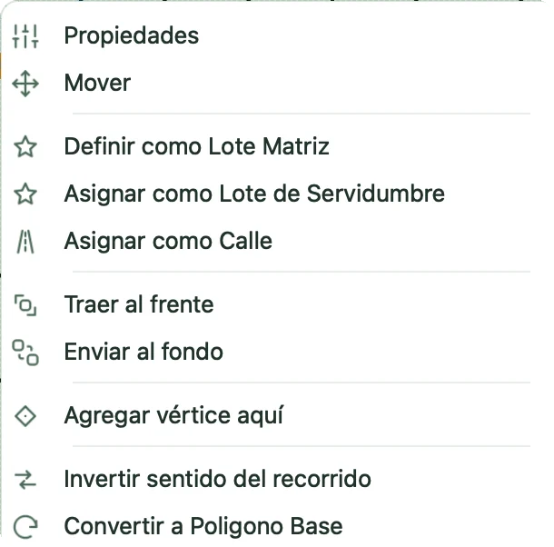 Menú contextual de un lote en modo Lotización