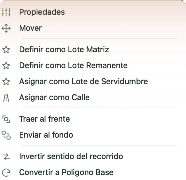 Menú contextual de un lote en modo Subdivisión con los roles