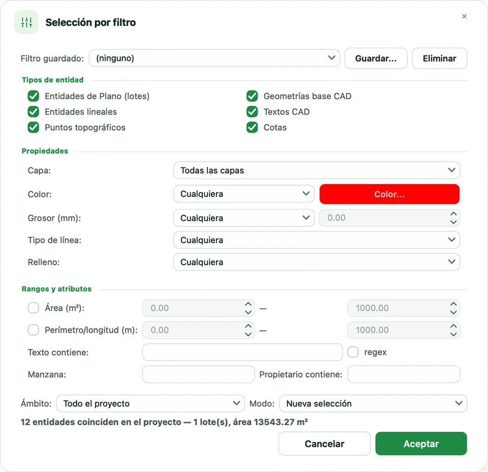 Diálogo Selección por filtro con tipos de entidad, propiedades, rangos, ámbito y modo
