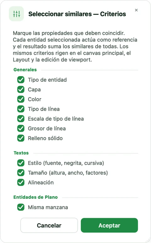Diálogo Seleccionar similares — Criterios con secciones Generales, Textos y Entidades de Plano