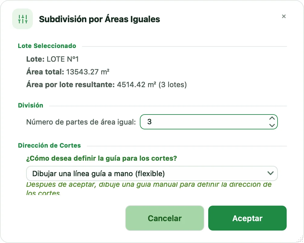 Diálogo Subdivisión por Áreas Iguales con tres partes