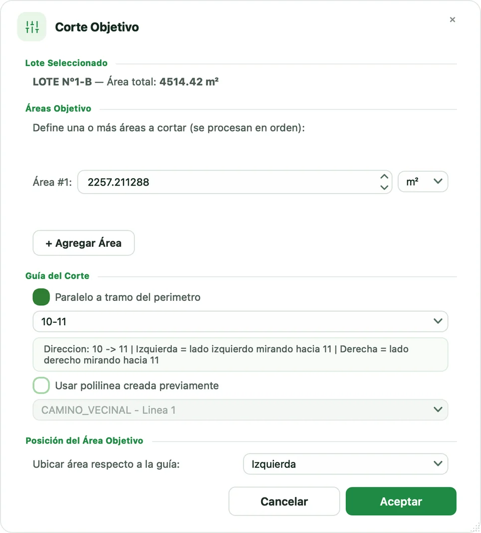 Diálogo Corte Objetivo con un área de 2257.21 m² paralela al tramo 10-11