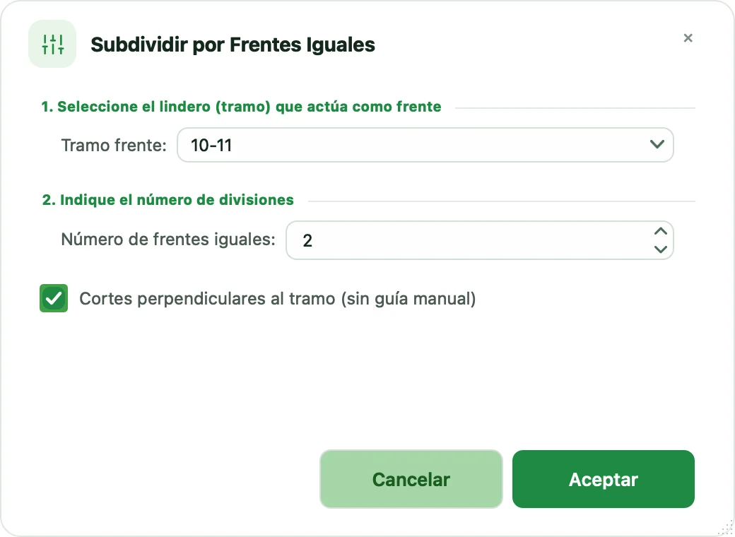 Diálogo Subdividir por Frentes Iguales con el tramo 10-11 como frente