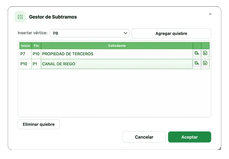 Gestor de Subtramos con dos filas