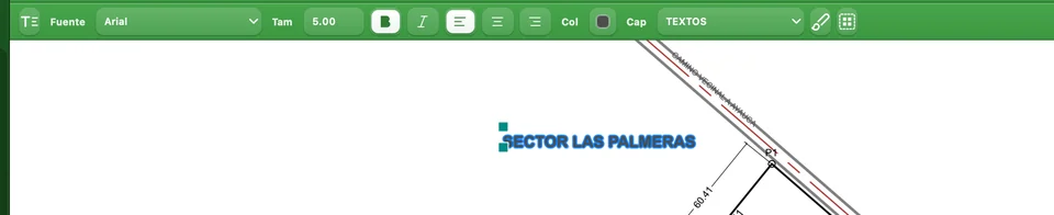 Barra de formato de texto sobre el texto SECTOR LAS PALMERAS seleccionado