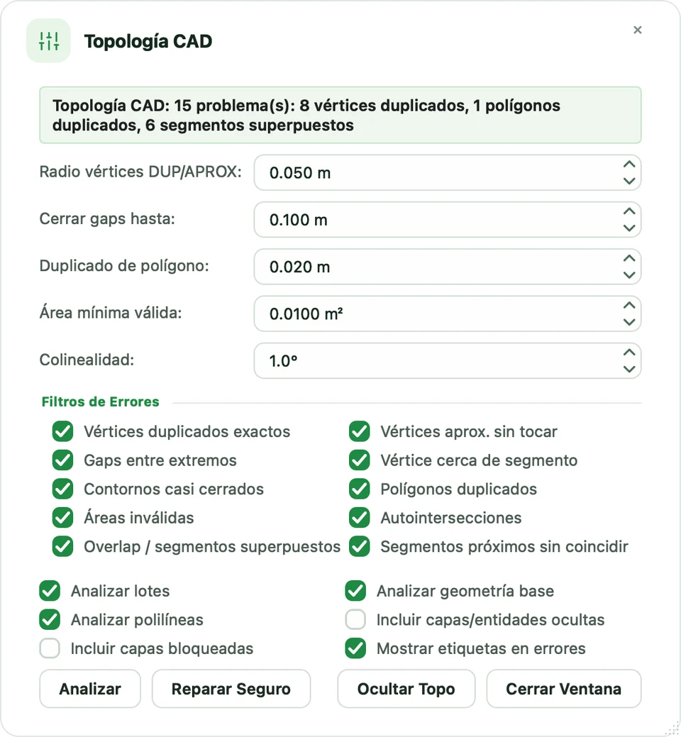 Diálogo Topología CAD con tolerancias, filtros de errores y botones Analizar y Reparar Seguro