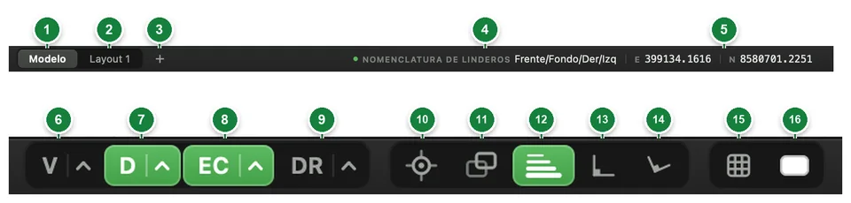 Barra inferior con dieciséis controles numerados