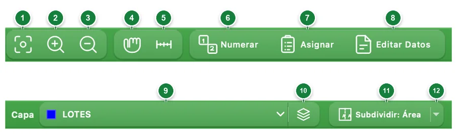 Fila superior de herramientas con doce botones numerados