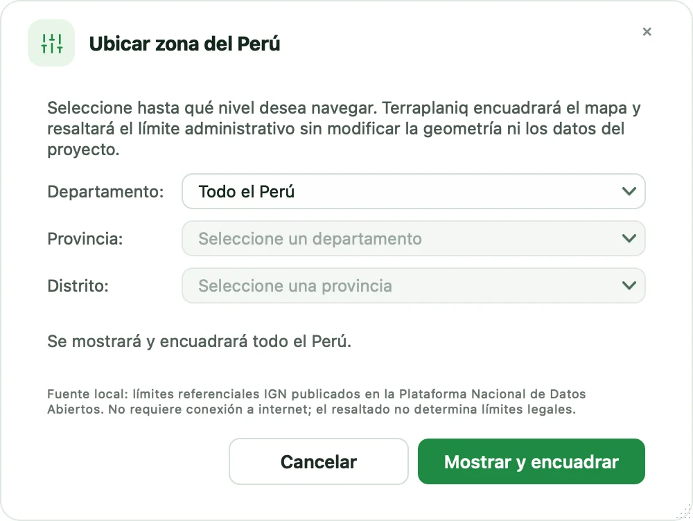 Diálogo Ubicar zona del Perú con departamento, provincia y distrito