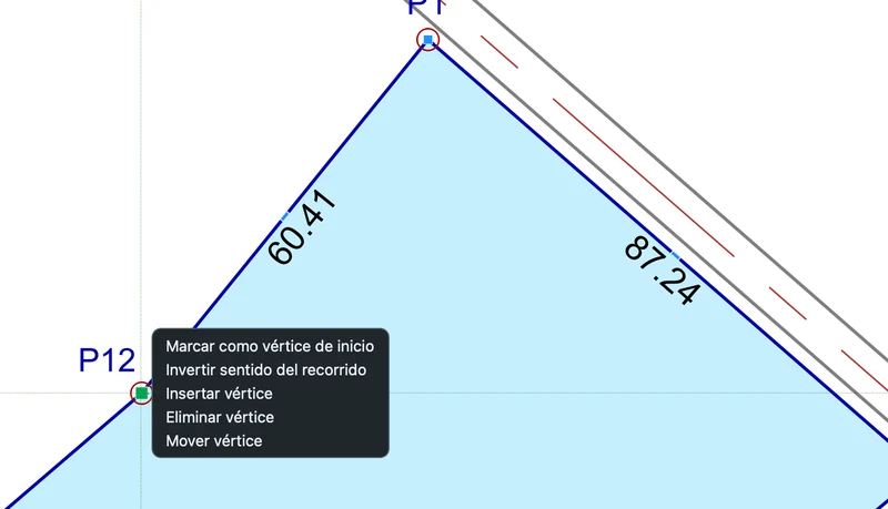 Menú sobre el vértice P12: marcar como vértice de inicio, invertir sentido, insertar, eliminar y mover vértice