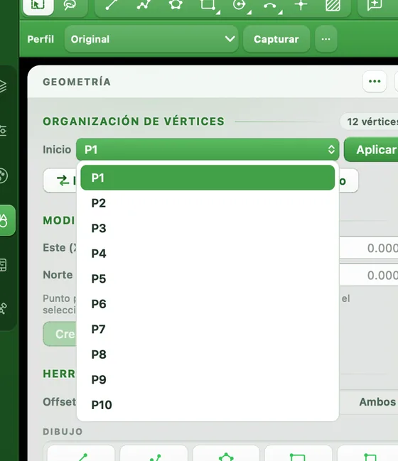 Lista de vértice inicial en el panel Geometría