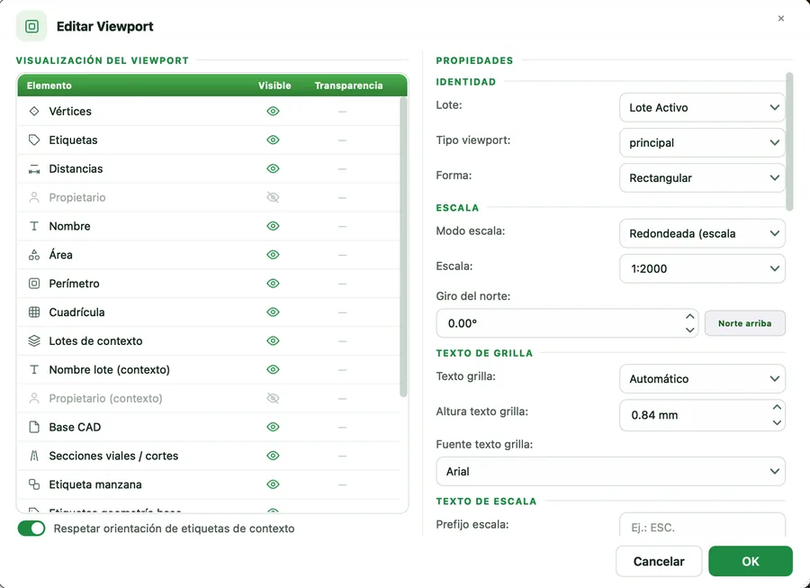 Diálogo Editar Viewport con visualización y propiedades