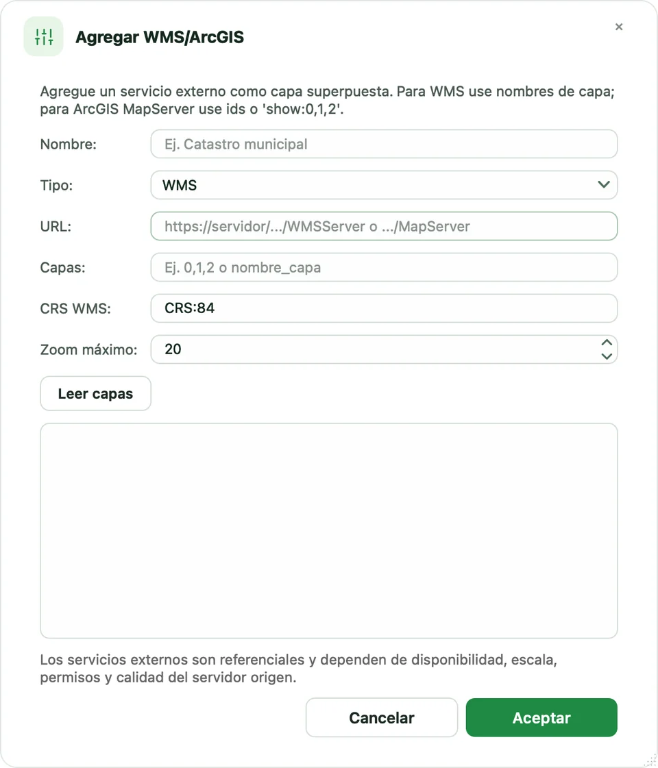 Diálogo Agregar WMS/ArcGIS con nombre, tipo, URL, capas, CRS y zoom máximo